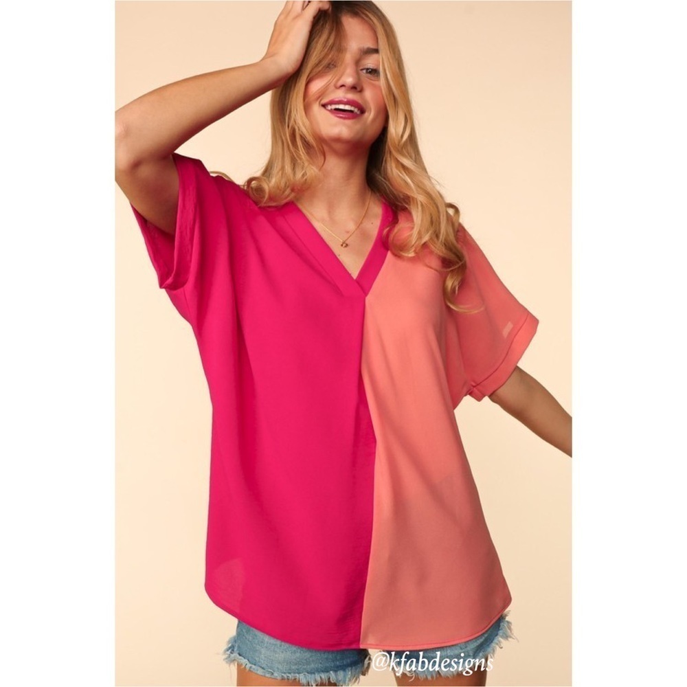 LAST! OVERSIZED V Neck Color Block Pink/Orange Oversized Woven Top! - Picture 6 of 6
